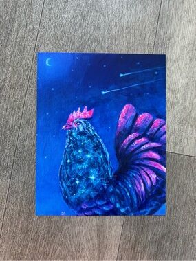 Night Sky Rooster Canvas Art Print - Blue & Pink
